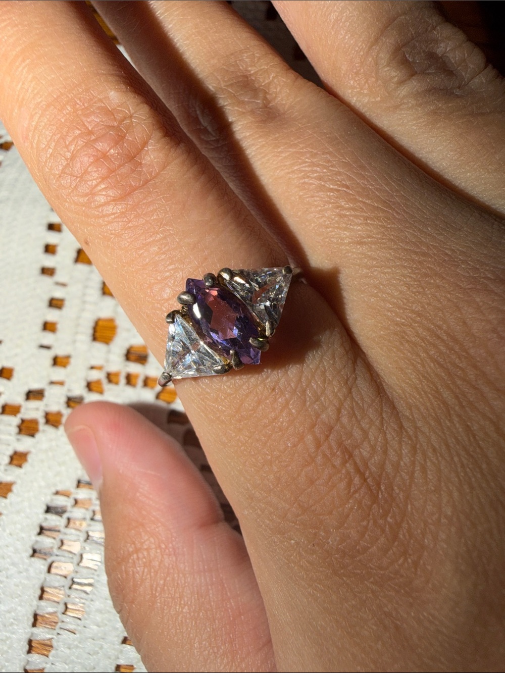Sterling Silver Purple Marquise Center Ring with Clear Side Stones